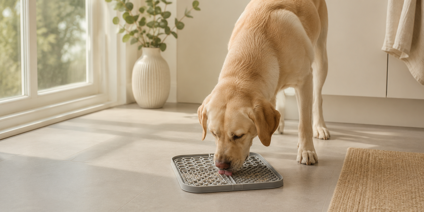 Labrador licking food from the Calm Lick Mat suctioned to the kitchen floor