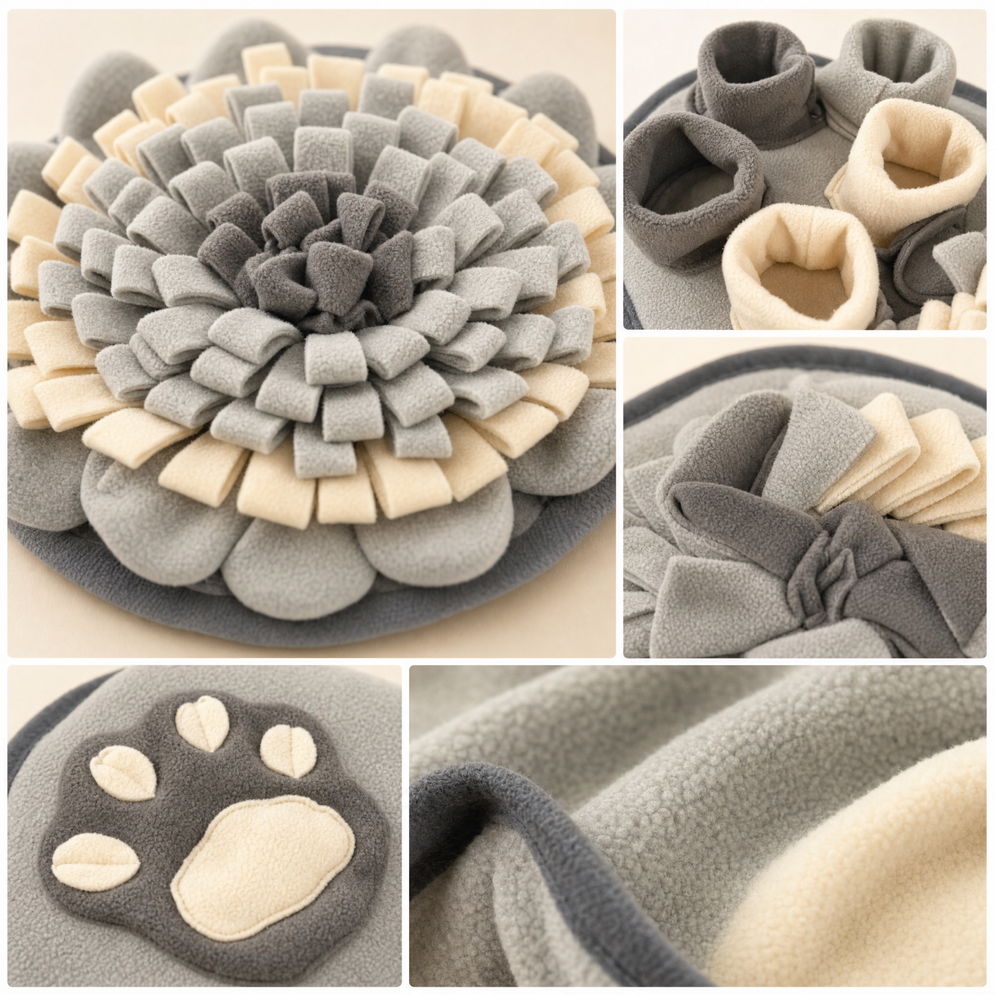 Close-up details of the Snuffle Mat fleece folds, treat pockets and paw squeaker