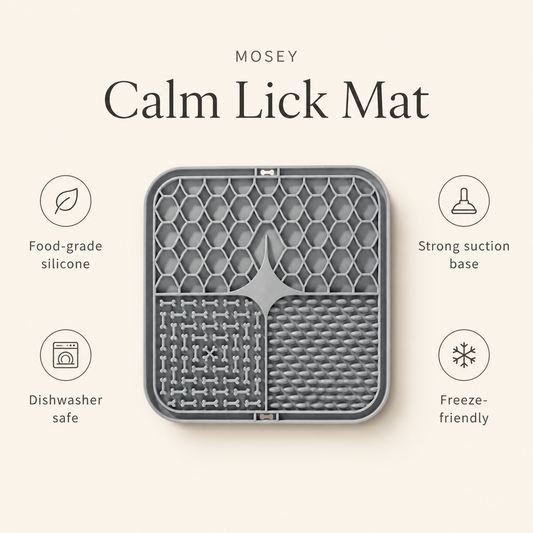 Mosey Calm Lick Mat feature overview: food-grade silicone, strong suction base, dishwasher safe, freeze-friendly