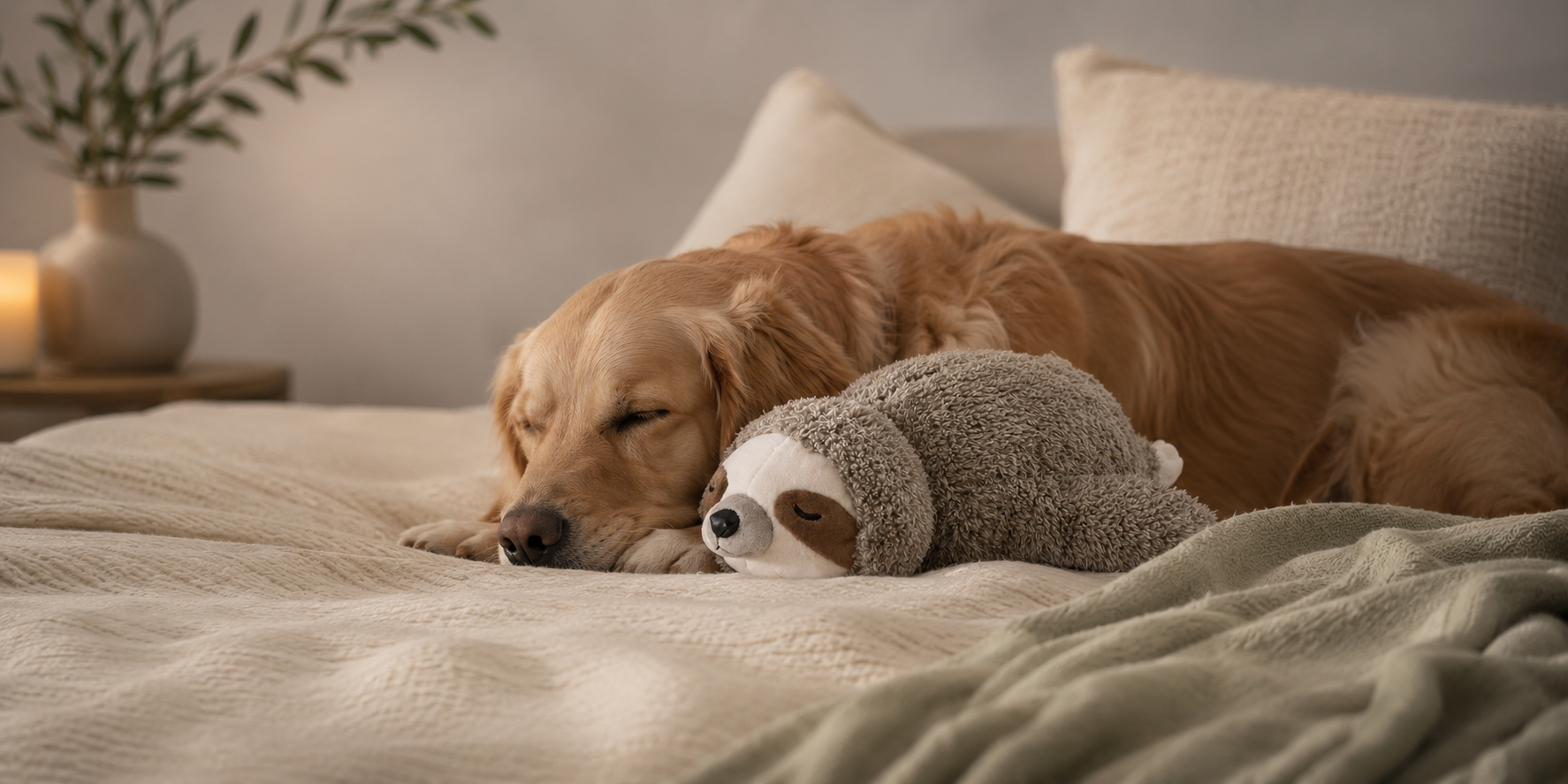 Golden retriever asleep in bed cuddling the Comfort Companion sloth plush