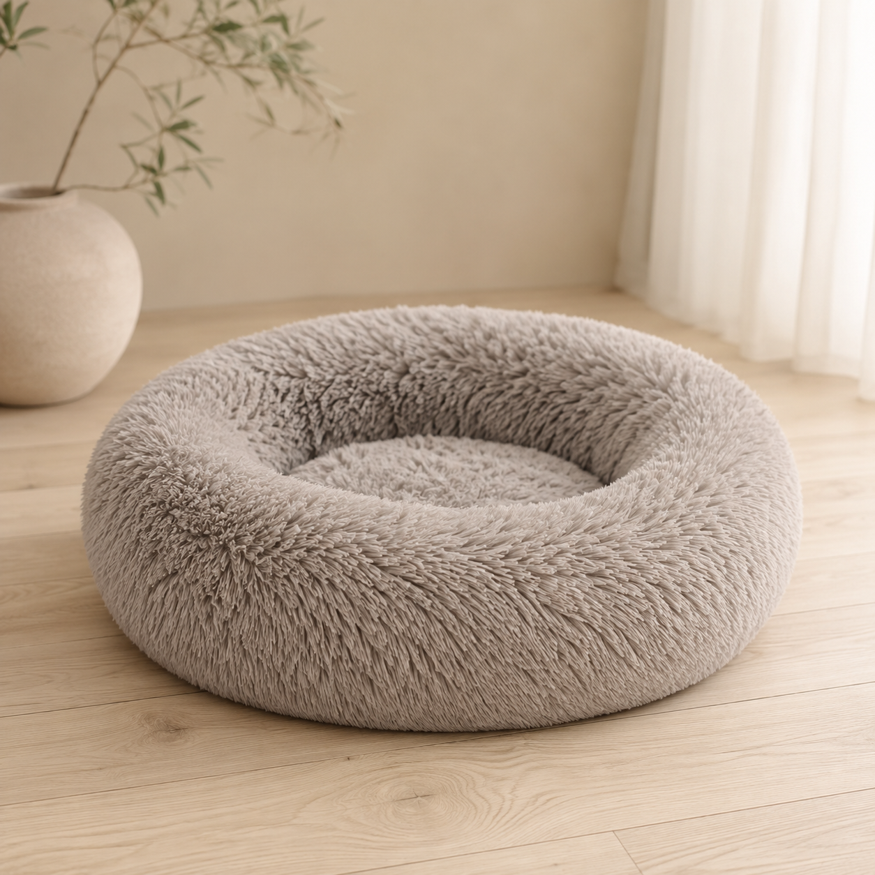 Grey Cloud Cuddler donut dog bed on a wooden floor beside a window