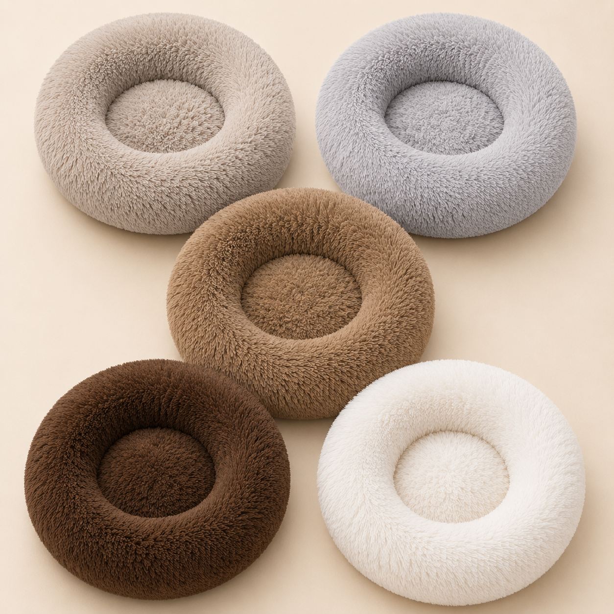 Cloud Cuddler donut dog bed in all five colors: beige, light grey, coffee, brown and white