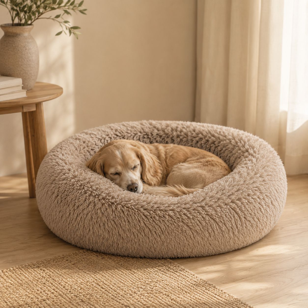 Spaniel curled asleep in a tan Cloud Cuddler donut dog bed beside a side table