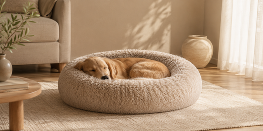 Golden retriever sleeping curled up in a beige Cloud Cuddler donut dog bed