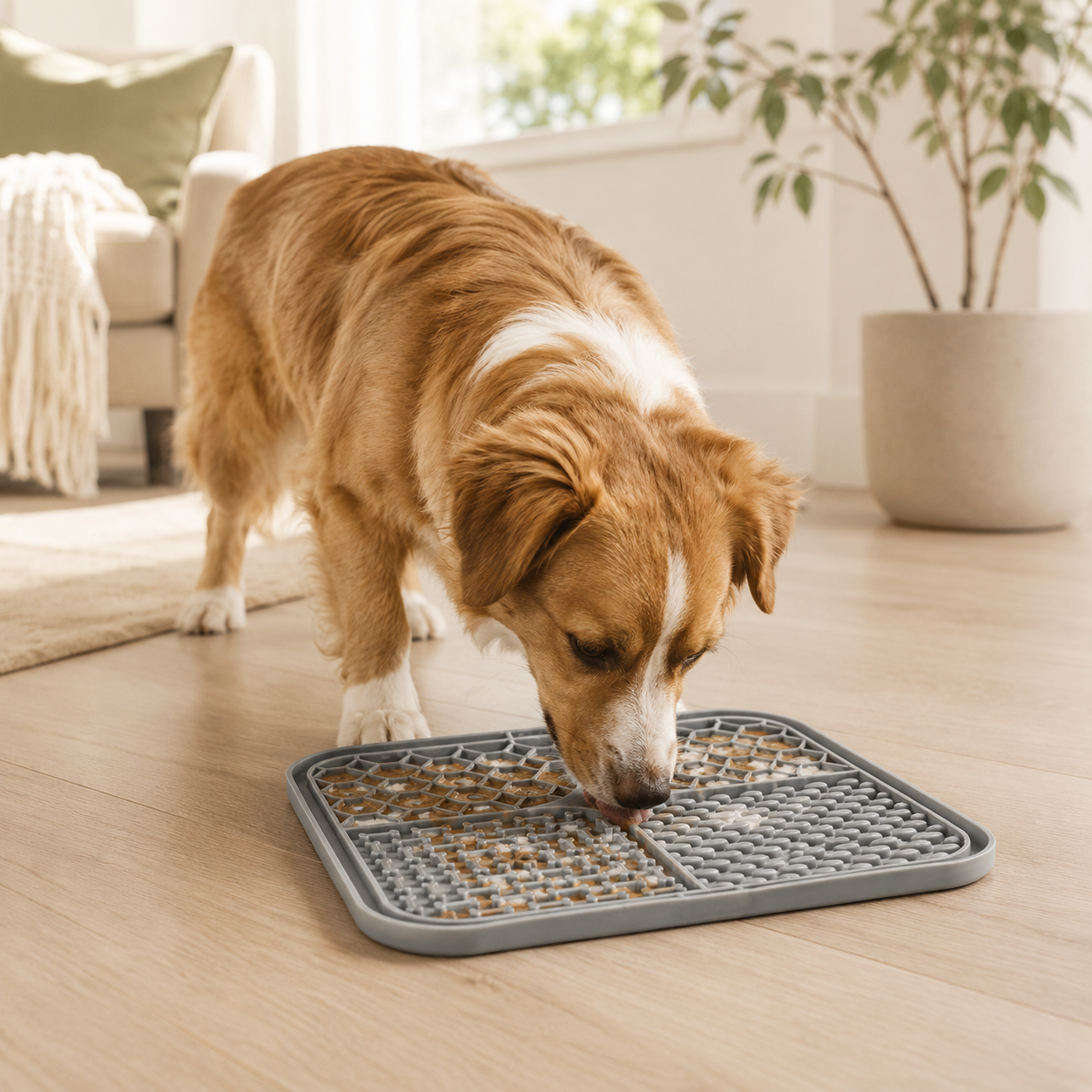 Dog licking spread food from the Calm Lick Mat in a living room