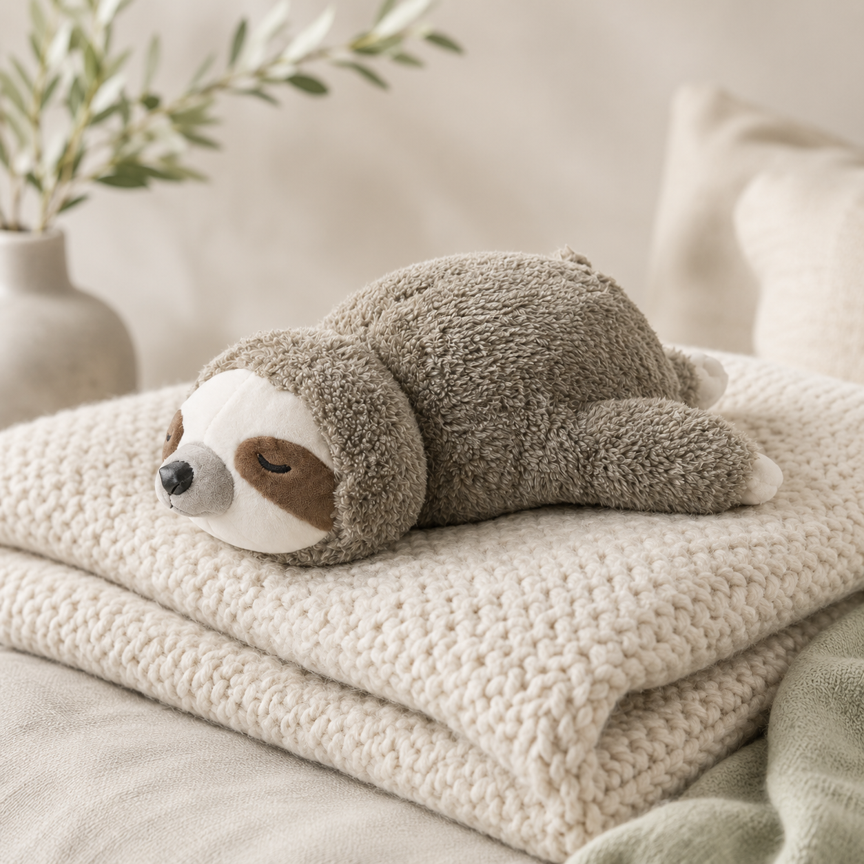 Comfort Companion sloth plush resting on a knitted blanket