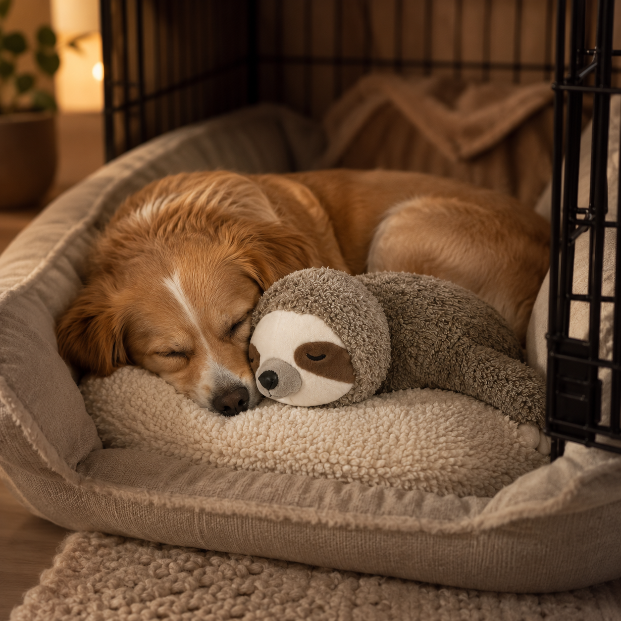 Puppy asleep in a crate snuggled against the Comfort Companion sloth plush
