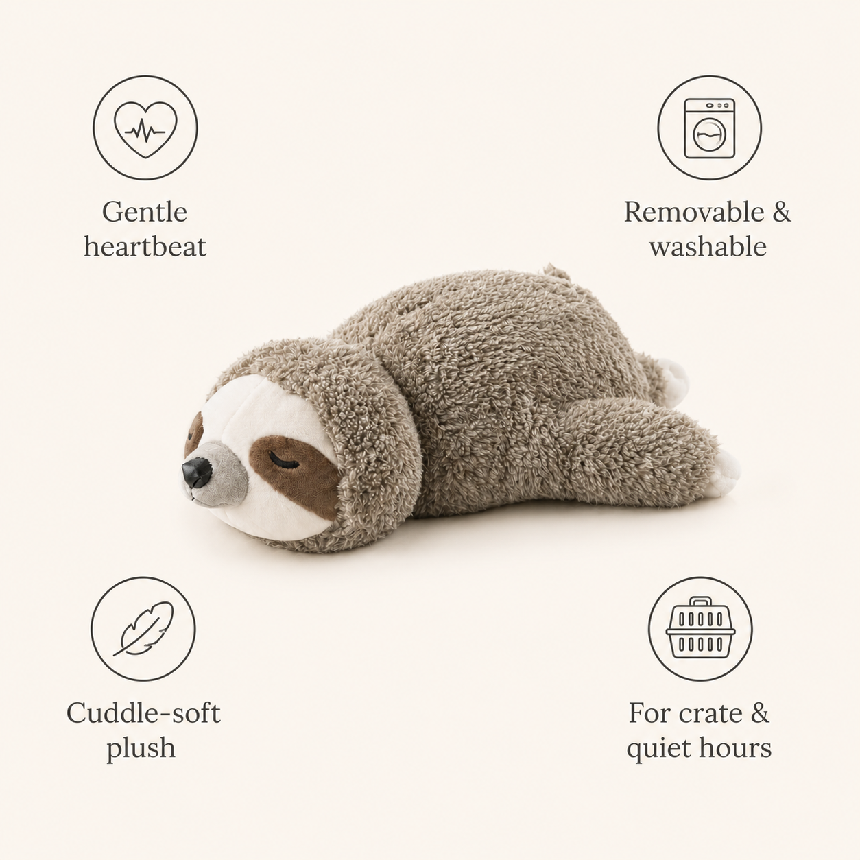 Comfort Companion features: gentle heartbeat, removable washable module, cuddle-soft plush