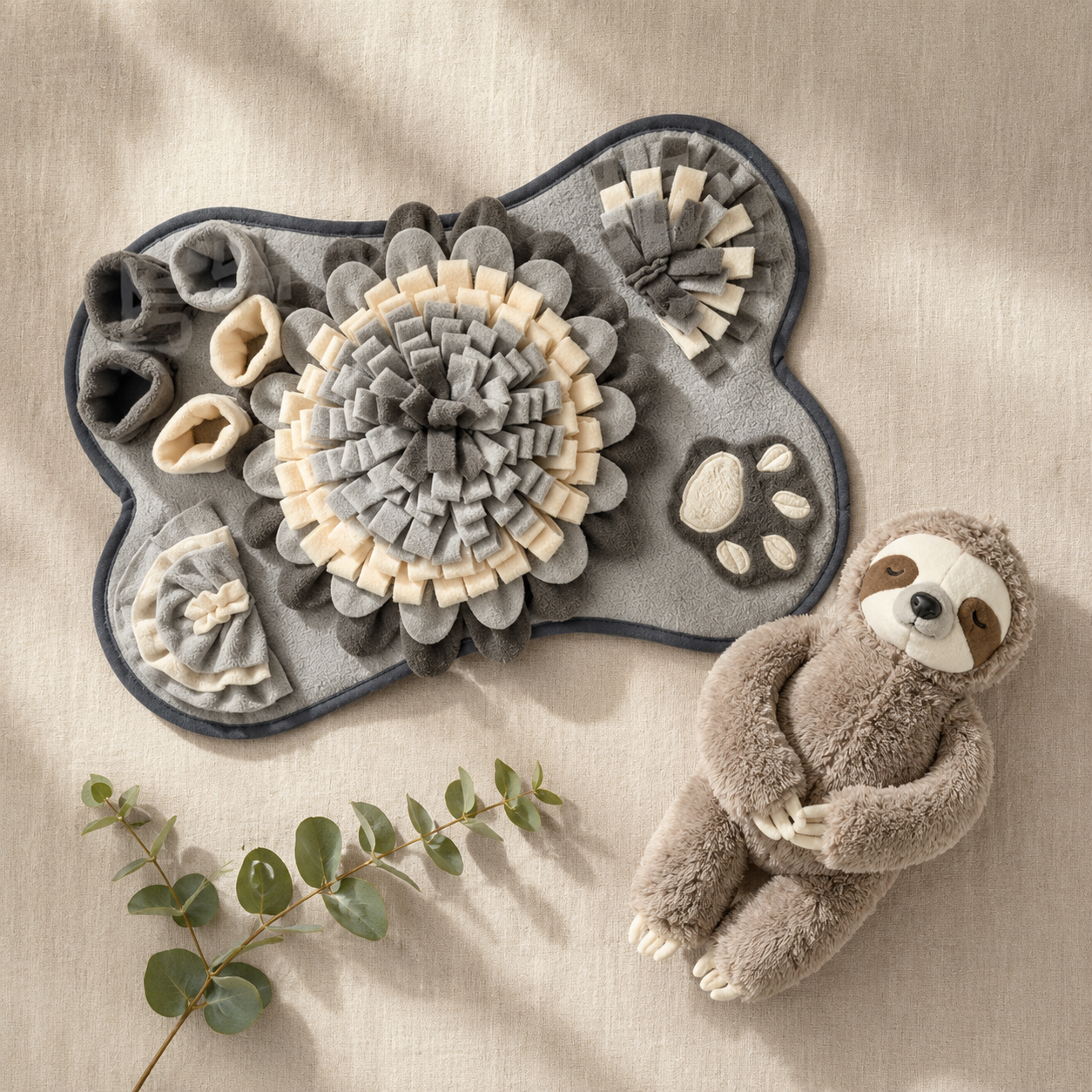 Calm Dog Kit flat lay on linen: bone-shaped Snuffle Mat and Comfort Companion sloth plush