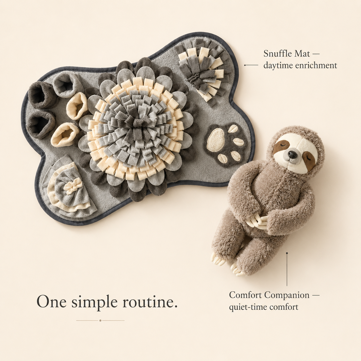 The Calm Dog Kit: Snuffle Mat for daytime enrichment and Comfort Companion sloth plush for quiet hours, one simple routine