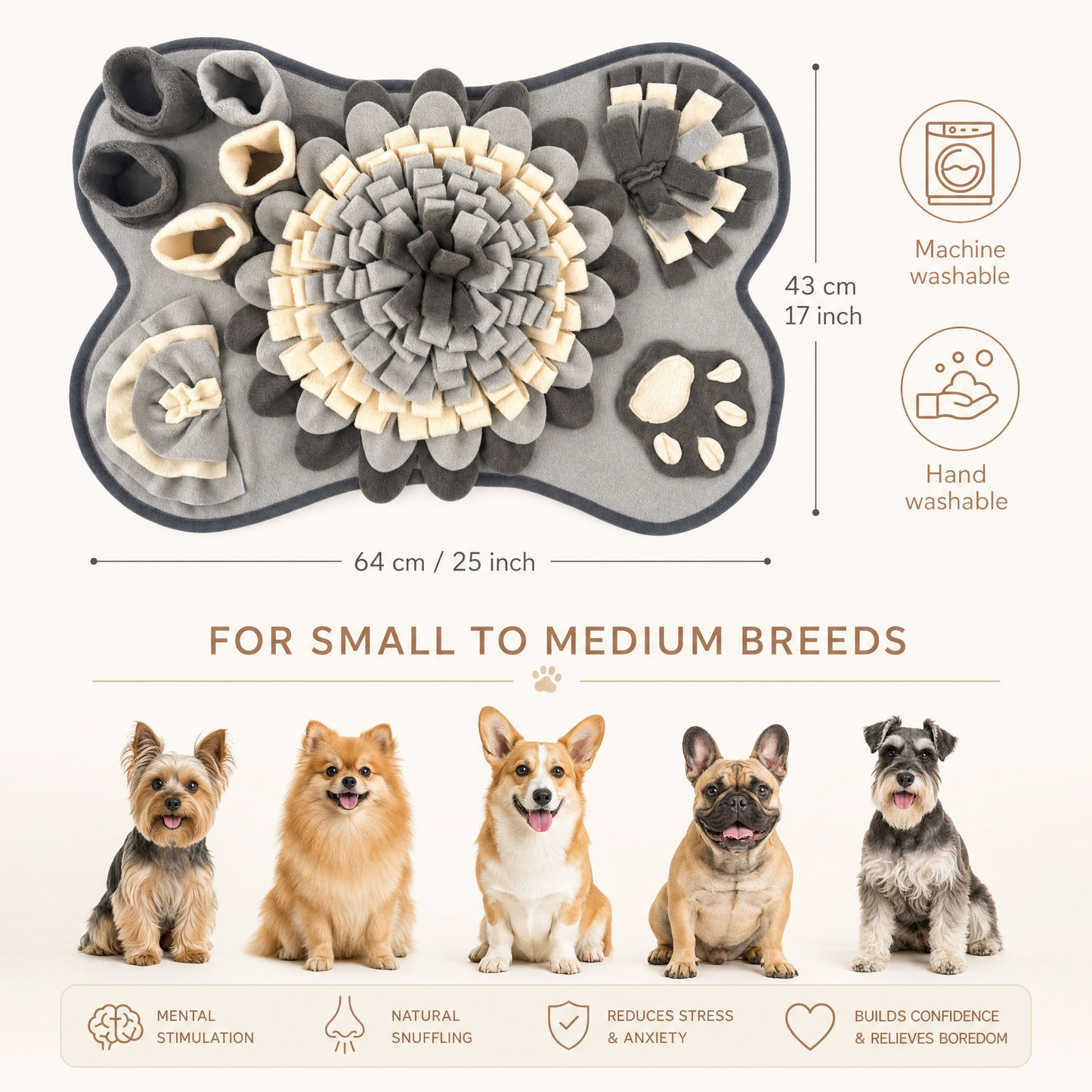 Snuffle Mat dimensions 64 by 43 cm (25 by 17 inches), machine and hand washable, for small to medium breeds