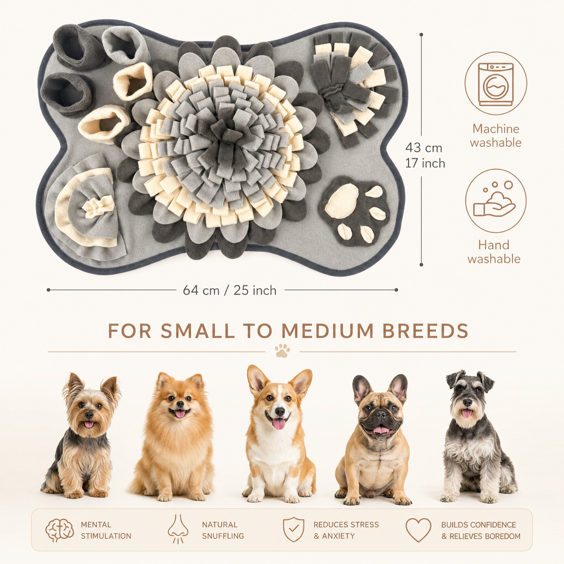 Snuffle Mat dimensions 64 by 43 cm (25 by 17 inches), machine and hand washable, for small to medium breeds