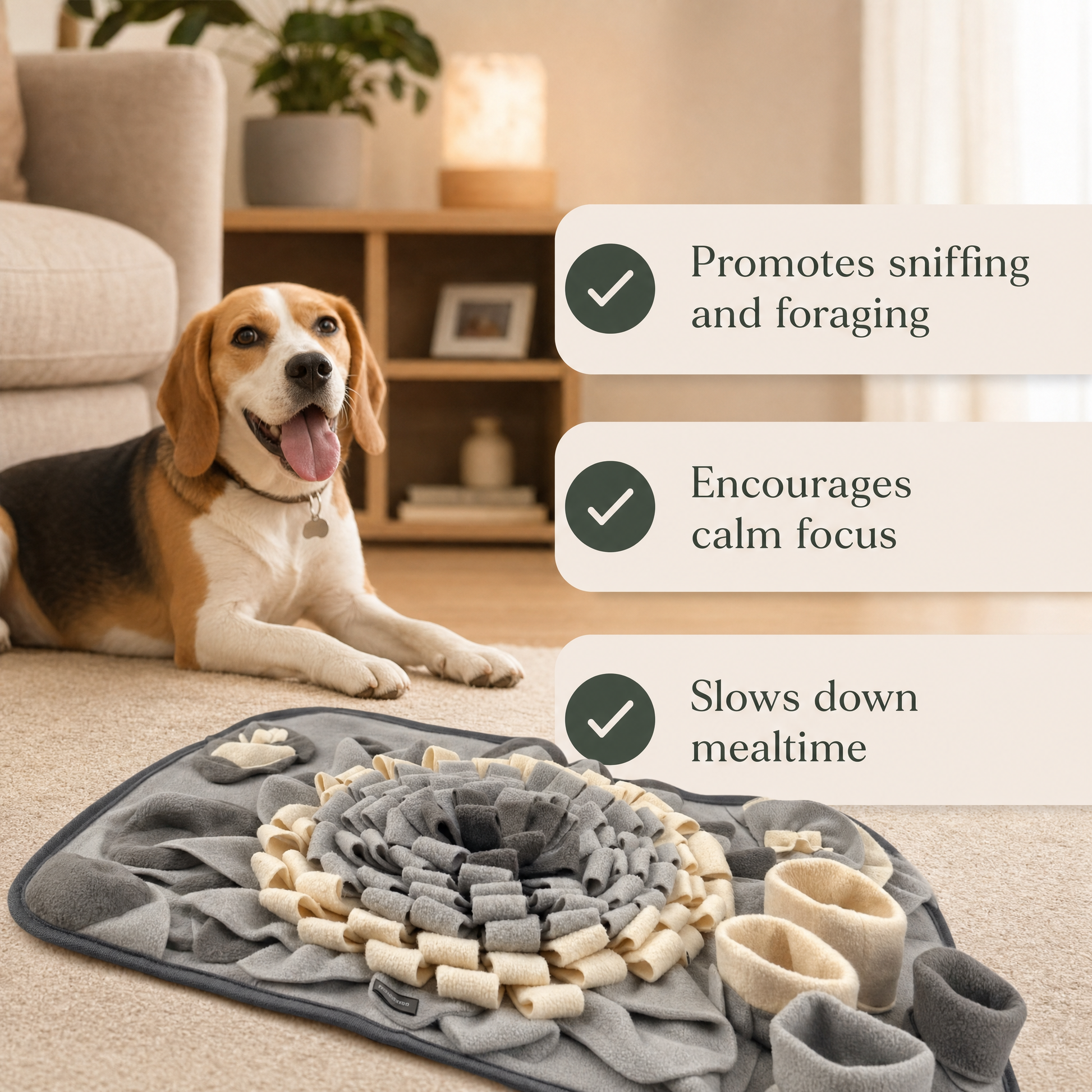 Beagle beside the Snuffle Mat, which promotes sniffing and foraging, encourages calm focus and slows down mealtime
