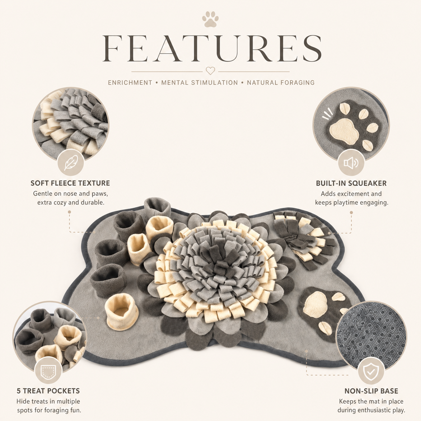 Snuffle Mat features: soft fleece texture, built-in squeaker, five treat pockets, non-slip base